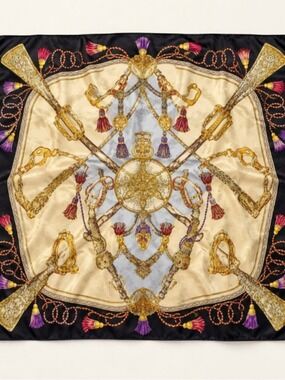 Vintage Lancel Paris Silk Scarf Black Cream Equestrian Print 0846